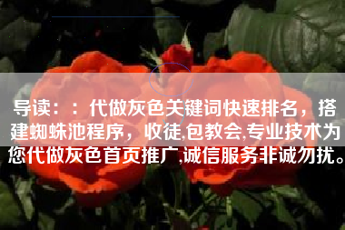 导读::代做灰色关键词快速排名,搭建蜘蛛池程序,收徒,包教会,专业技术为您代做灰色首页推广,诚信服务非诚勿扰。